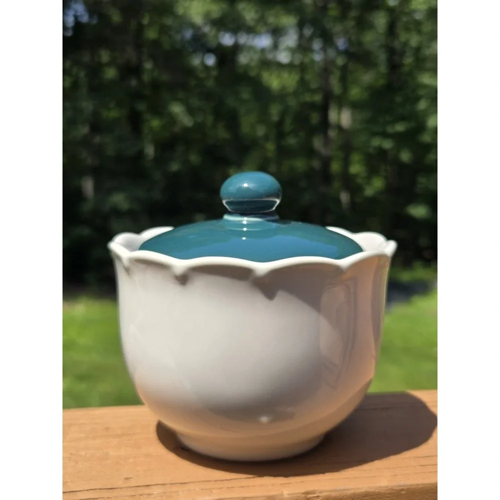 Vintage Dansk Covered Sugar Bowl Dark Teal Lid Miss Match EUC Scalloped Edge
